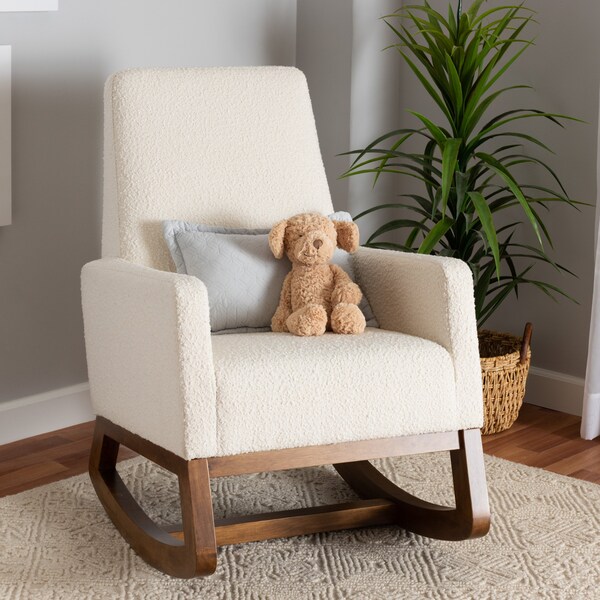 Baxton Studio Yashiya MidCentury Modern OffWhite Boucle Upholstered and Walnut Brown Finished Wood Rocking Chair - 225-12925-ZORO