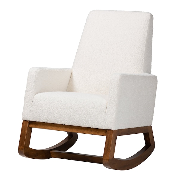 Baxton Studio Yashiya MidCentury Modern OffWhite Boucle Upholstered and Walnut Brown Finished Wood Rocking Chair - 225-12925-ZORO