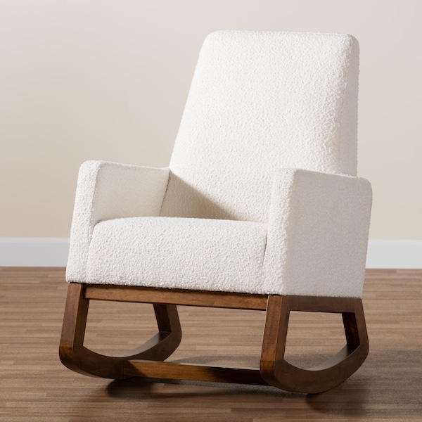 Baxton Studio Yashiya MidCentury Modern OffWhite Boucle Upholstered and Walnut Brown Finished Wood Rocking Chair - 225-12925-ZORO