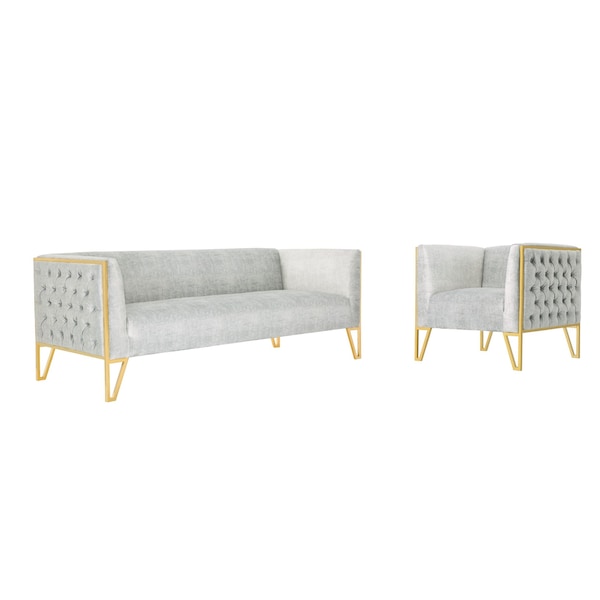 Manhattan Comfort Vector Sofa and Armchair Set of 2 in Grey and Gold - 2-SS548-GY