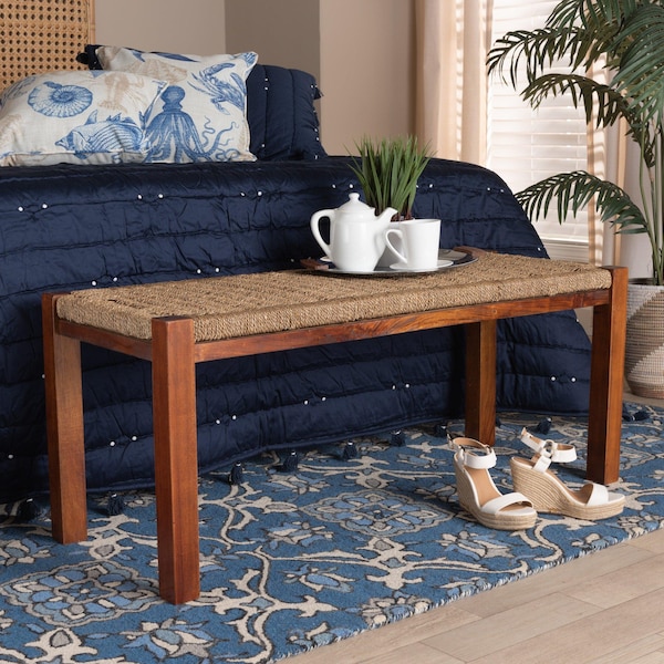 Baxton Studio Hermes MidCentury Modern Transitional Natural Seagrass and Mahogany Wood Bench - 217-12731-ZORO