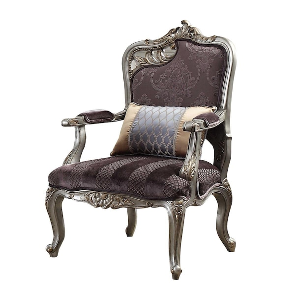 Homeroots 29 x 27 x 43 in. Velvet Antique Platinum Upholstery Poly-Resin Chair with 1 Pillow - 347268