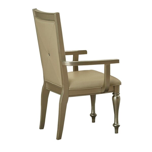 Benjara Wooden Arm Chair with Crystal Tufted Leatherette Backrest, Gold - BM219998