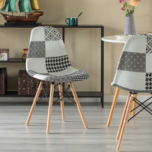 Fabulaxe Modern Fabric Patchwork Chair w/Wooden Legs for Kitchen, Dining Room, Entryway, Living Room, PK 4 - QI004327.4