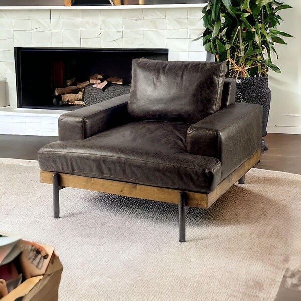 Homeroots Dark Brown Moroccan Leather Wide Accent Chair with Wood & Black Iron Base - 376350