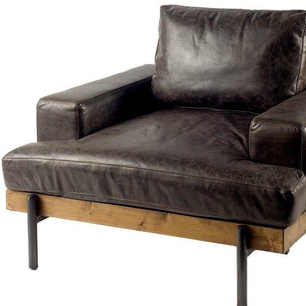 Homeroots Dark Brown Moroccan Leather Wide Accent Chair with Wood & Black Iron Base - 376350