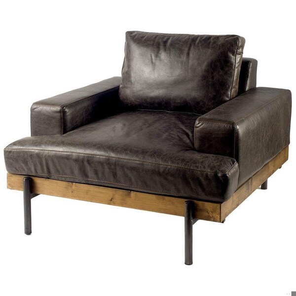 Homeroots Dark Brown Moroccan Leather Wide Accent Chair with Wood & Black Iron Base - 376350