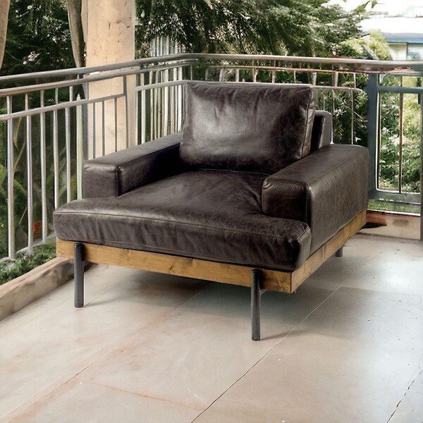 Homeroots Dark Brown Moroccan Leather Wide Accent Chair with Wood & Black Iron Base - 376350