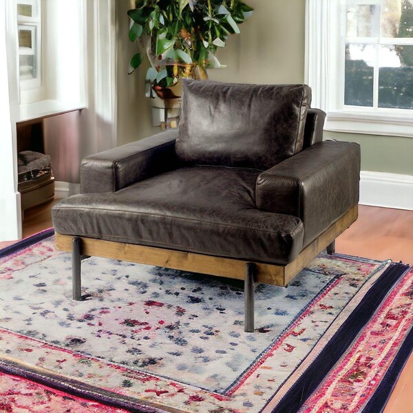 Homeroots Dark Brown Moroccan Leather Wide Accent Chair with Wood & Black Iron Base - 376350