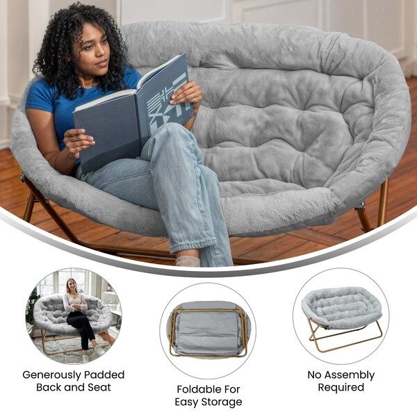 Flash Furniture Eleanor 56-in Portable Folding Double Saucer Chair in Gray Faux Fur w/a Soft Gold Steel Frame - FV-FDS-001-GY-SGD-GG