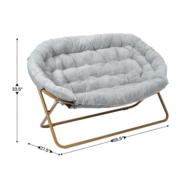 Flash Furniture Eleanor 56-in Portable Folding Double Saucer Chair in Gray Faux Fur w/a Soft Gold Steel Frame - FV-FDS-001-GY-SGD-GG