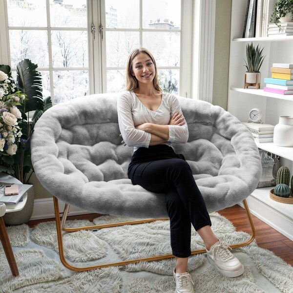 Flash Furniture Eleanor 56-in Portable Folding Double Saucer Chair in Gray Faux Fur w/a Soft Gold Steel Frame - FV-FDS-001-GY-SGD-GG