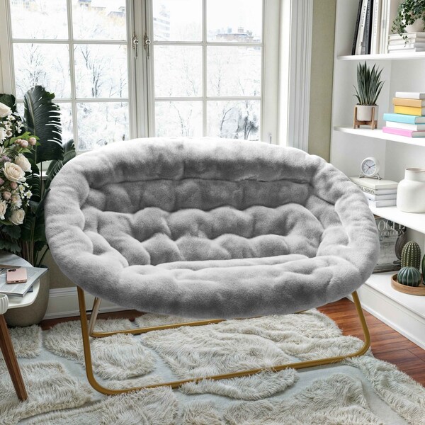 Flash Furniture Eleanor 56-in Portable Folding Double Saucer Chair in Gray Faux Fur w/a Soft Gold Steel Frame - FV-FDS-001-GY-SGD-GG