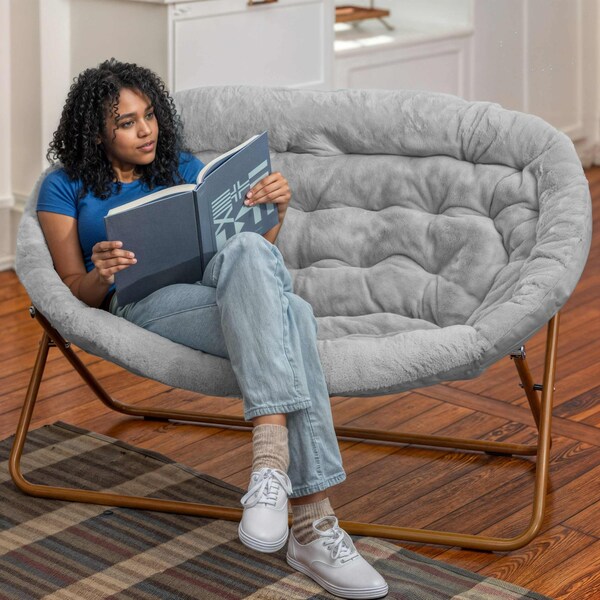 Flash Furniture Eleanor 56-in Portable Folding Double Saucer Chair in Gray Faux Fur w/a Soft Gold Steel Frame - FV-FDS-001-GY-SGD-GG