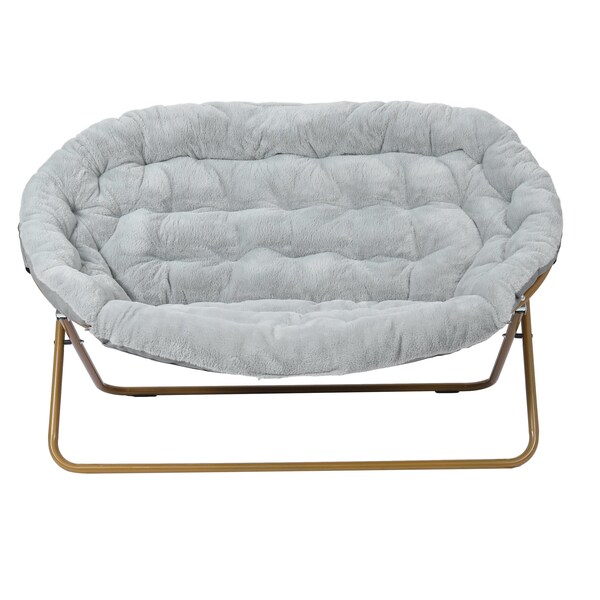 Flash Furniture Eleanor 56-in Portable Folding Double Saucer Chair in Gray Faux Fur w/a Soft Gold Steel Frame - FV-FDS-001-GY-SGD-GG