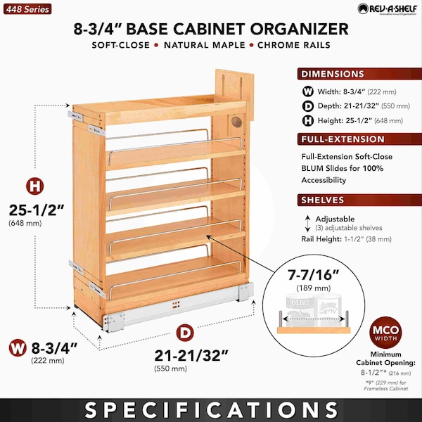 Rev-A-Shelf Maple Wood; Steel, Natural Maple, 8.75 in W, 25.5 in H, 21.63 in D - 448-BCSC-8C