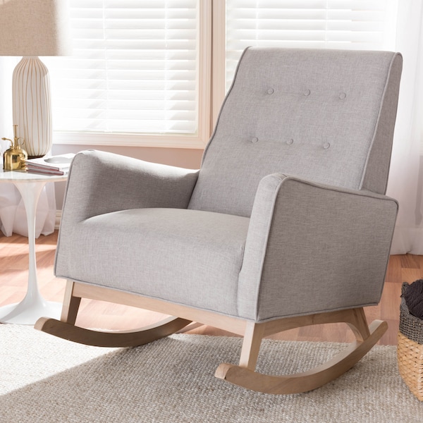 Baxton Studio Marlena Greyish Beige Upholstered Whitewash Wood Rocking Chair - 143-7842