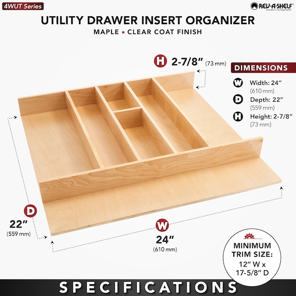 Rev-A-Shelf Drawer Insert, Maple Wood, Natural Maple, 24 in W, 2.88 in H, 22 in D - 4WUT-3