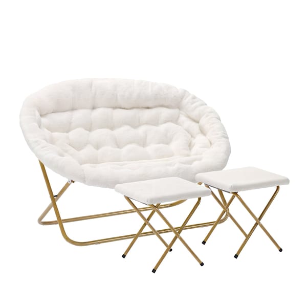 Flash Furniture Eleanor 56-in Folding Double Saucer Chair w/2 Folding Ottomans Ivory Faux Shearling w/Gold Frame - FV-FDS-001-2FR-IV-SGD-GG
