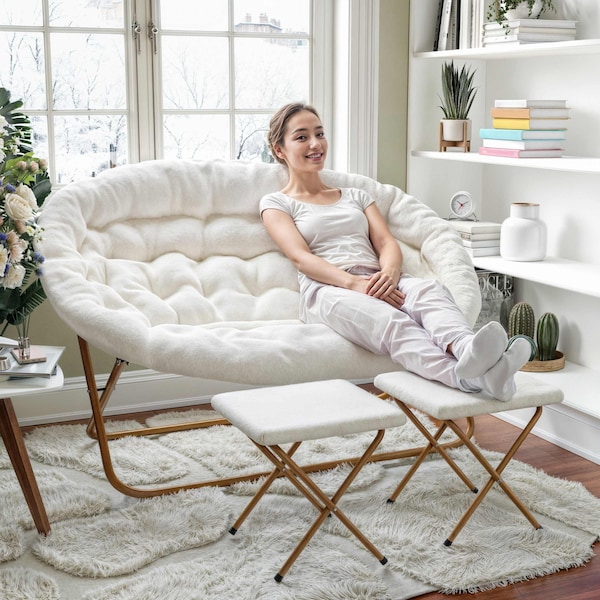 Flash Furniture Eleanor 56-in Folding Double Saucer Chair w/2 Folding Ottomans Ivory Faux Shearling w/Gold Frame - FV-FDS-001-2FR-IV-SGD-GG