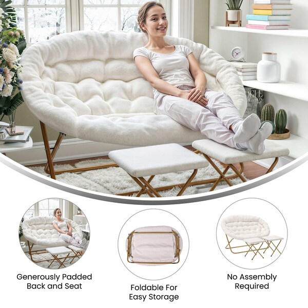 Flash Furniture Eleanor 56-in Folding Double Saucer Chair w/2 Folding Ottomans Ivory Faux Shearling w/Gold Frame - FV-FDS-001-2FR-IV-SGD-GG