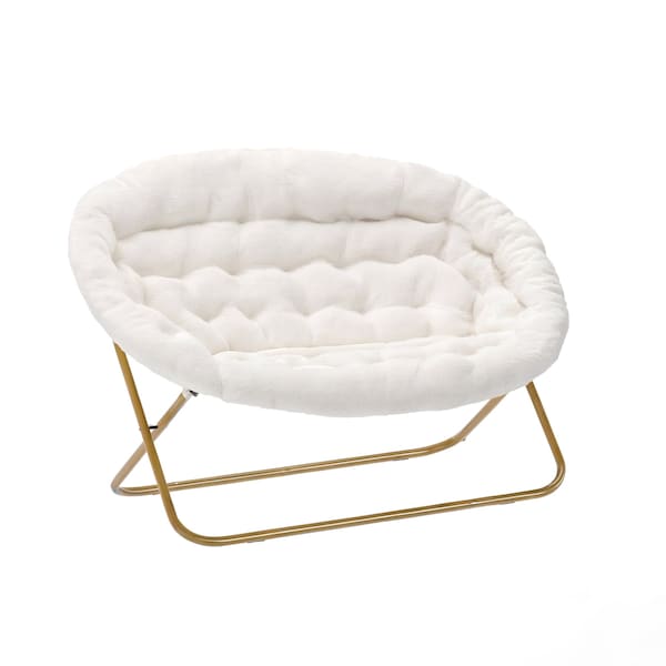 Flash Furniture Eleanor 56-in Folding Double Saucer Chair w/2 Folding Ottomans Ivory Faux Shearling w/Gold Frame - FV-FDS-001-2FR-IV-SGD-GG