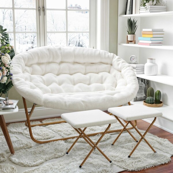 Flash Furniture Eleanor 56-in Folding Double Saucer Chair w/2 Folding Ottomans Ivory Faux Shearling w/Gold Frame - FV-FDS-001-2FR-IV-SGD-GG