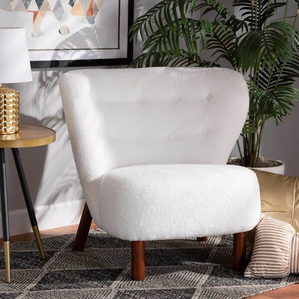 Baxton Studio Cabrera Modern & Contemporary White Boucle Upholstered and Walnut Brown Finished Wood Accent Chair - 204-12576