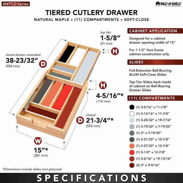 Rev-A-Shelf Drawer Replacement, Maple Wood; Steel, Natural Maple, 15 in W, 4.31 in H, 21.5 in D - 4WTCD-18HSC-1