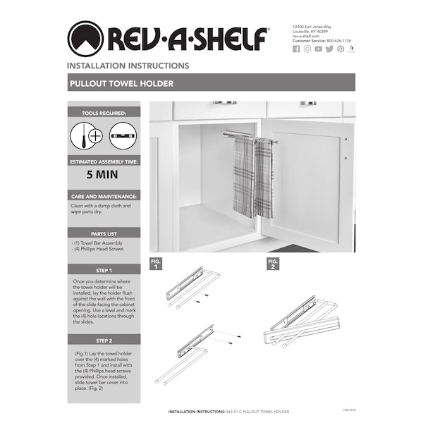 Rev-A-Shelf Steel, Chrome, 5 in W, 1.25 in H, 17.75 in D, 17.75 in L, Silver - 563-47 C