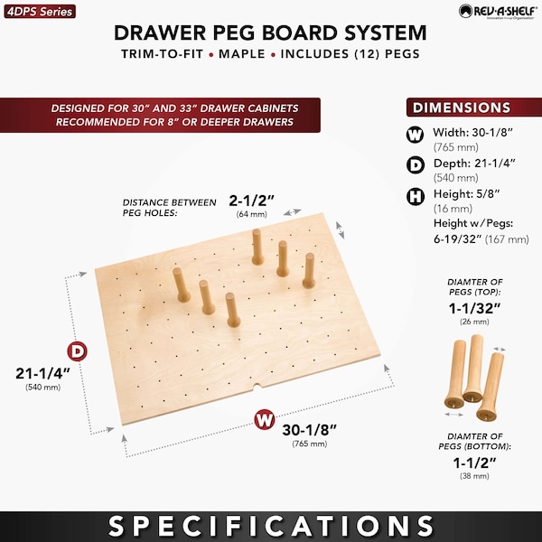 Rev-A-Shelf Drawer Insert, Maple Wood, Natural Maple, 30.25 in W, 6.63 in H, 21.25 in D - 4DPS-3021