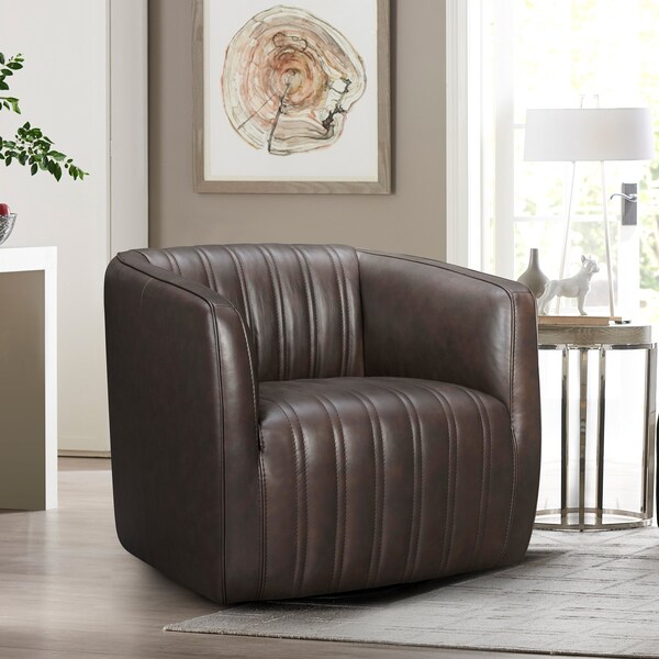 Armen Living Aries Espresso Genuine Leather Swivel Barrel Chair - LCARCHES