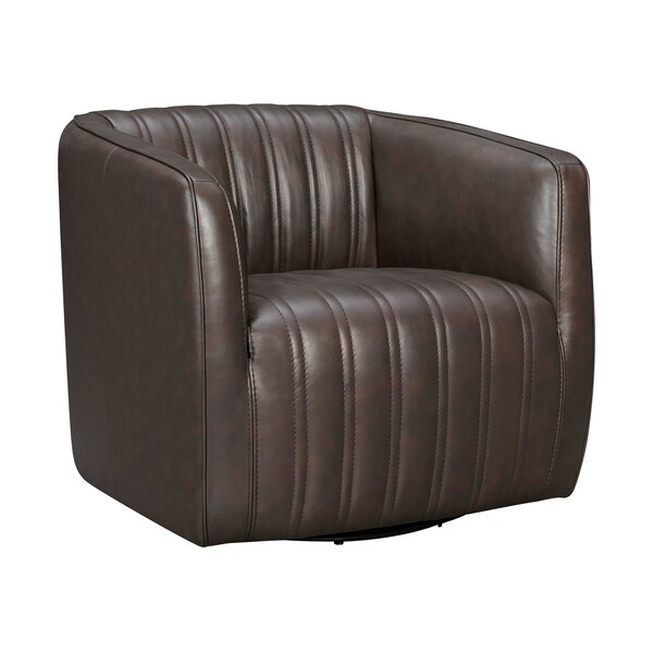 Armen Living Aries Espresso Genuine Leather Swivel Barrel Chair - LCARCHES