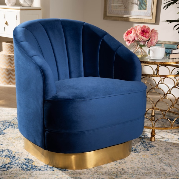Baxton Studio Fiore Royal Blue Velvet Upholstered Gold Finished Swivel Accent Chair - 161-10397