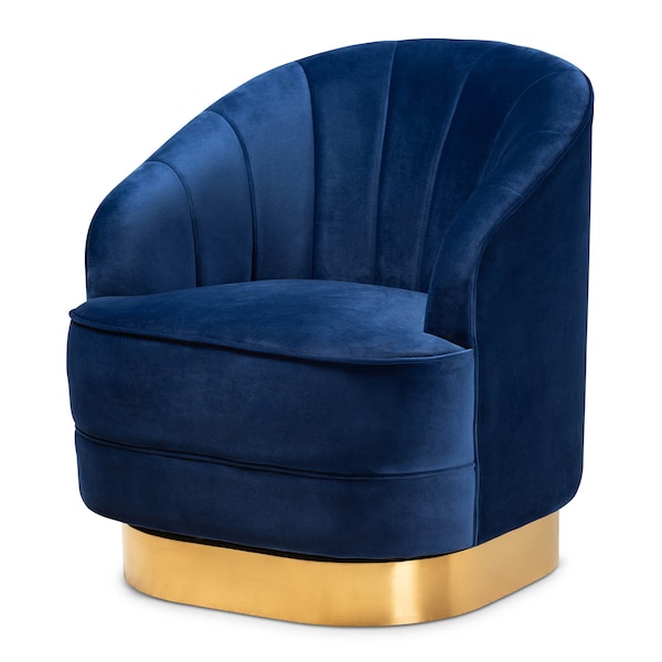 Baxton Studio Fiore Royal Blue Velvet Upholstered Gold Finished Swivel Accent Chair - 161-10397