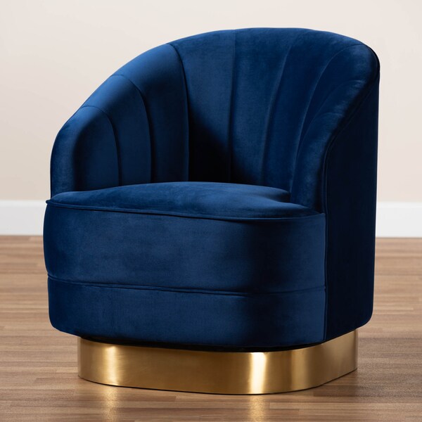 Baxton Studio Fiore Royal Blue Velvet Upholstered Gold Finished Swivel Accent Chair - 161-10397