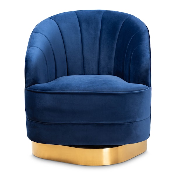 Baxton Studio Fiore Royal Blue Velvet Upholstered Gold Finished Swivel Accent Chair - 161-10397