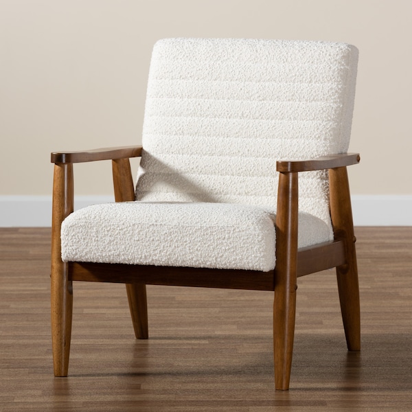 Baxton Studio Stratton Mid-Century Modern Cream Boucle Fabric and Walnut Brown Finished Wood Armchair - 228-12960-ZORO