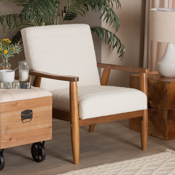 Baxton Studio Stratton Mid-Century Modern Cream Boucle Fabric and Walnut Brown Finished Wood Armchair - 228-12960-ZORO