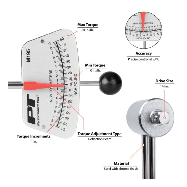 Performance Tool 1/4 In Dr. Beam Deflection Torque Wrench, M195 - M195
