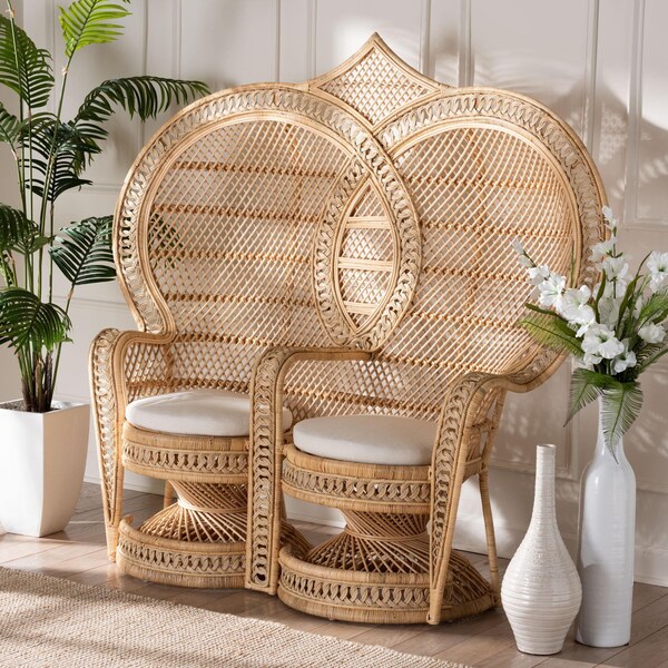 Bali & Pari Nerita Modern Bohemian Natural Brown Rattan Two-Seater Peacock Chair - 242-13600-ZORO