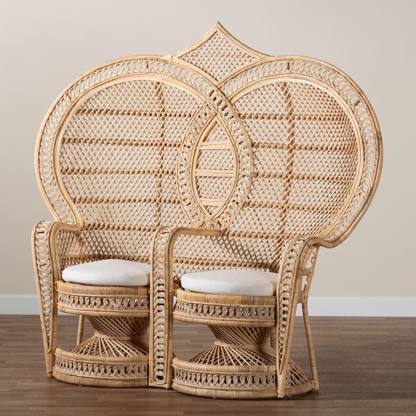 Bali & Pari Nerita Modern Bohemian Natural Brown Rattan Two-Seater Peacock Chair - 242-13600-ZORO