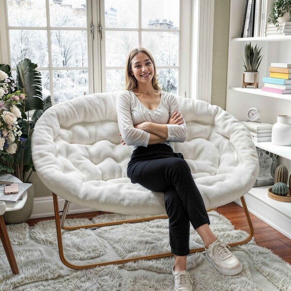 Flash Furniture Eleanor 56-in Portable Folding Dbl Saucer Chair in Ivory Faux Shearling w/a Soft Gold Steel Frame - FV-FDS-001-IV-SGD-GG