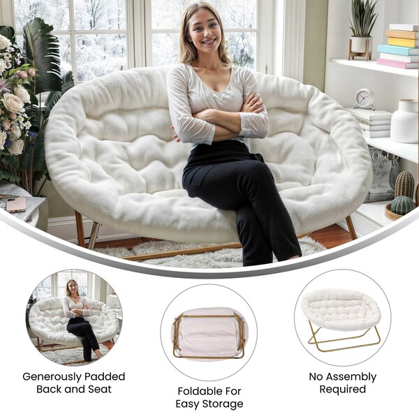 Flash Furniture Eleanor 56-in Portable Folding Dbl Saucer Chair in Ivory Faux Shearling w/a Soft Gold Steel Frame - FV-FDS-001-IV-SGD-GG