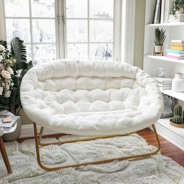 Flash Furniture Eleanor 56-in Portable Folding Dbl Saucer Chair in Ivory Faux Shearling w/a Soft Gold Steel Frame - FV-FDS-001-IV-SGD-GG