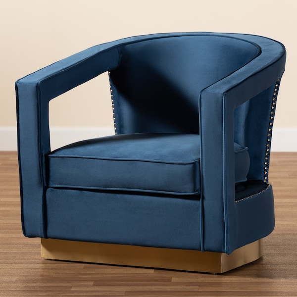 Baxton Studio Neville Modern Luxe and Glam Navy Blue Velvet Fabric Upholstered and Gold Finished Metal Armchair - 190-11615-ZORO