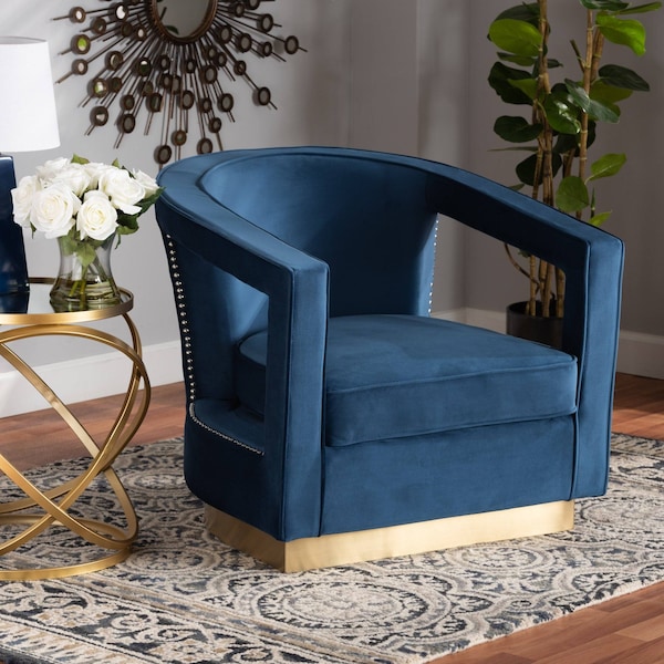 Baxton Studio Neville Modern Luxe and Glam Navy Blue Velvet Fabric Upholstered and Gold Finished Metal Armchair - 190-11615-ZORO