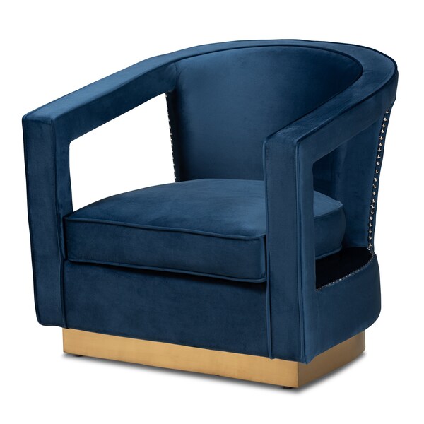 Baxton Studio Neville Modern Luxe and Glam Navy Blue Velvet Fabric Upholstered and Gold Finished Metal Armchair - 190-11615-ZORO
