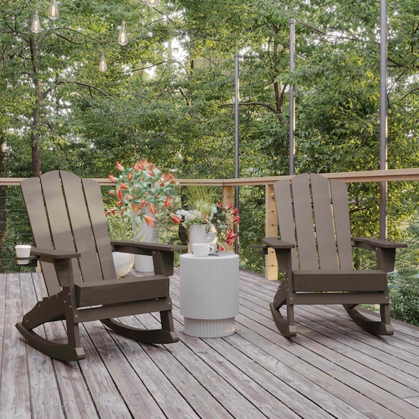 Flash Furniture Newport Adirondack Rocking Chair w/Cup Holder, Weather Resistant HDPE, Brown, 2PK - 2-LE-HMP-1044-31-BR-GG