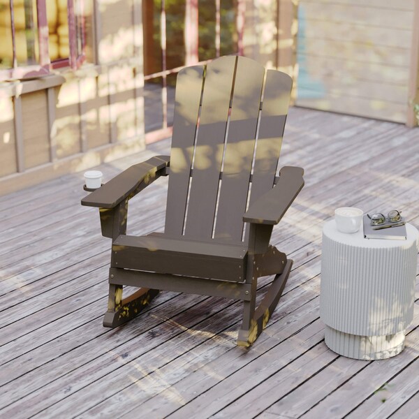 Flash Furniture Newport Adirondack Rocking Chair w/Cup Holder, Weather Resistant HDPE, Brown, 2PK - 2-LE-HMP-1044-31-BR-GG